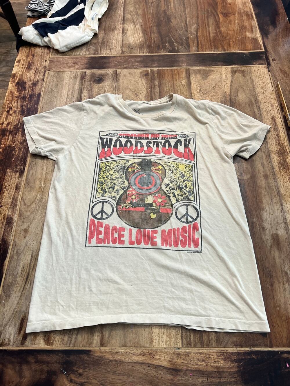 Life T-Shirt Size L Beige Cotton Woodstock Peace Love Music Graphic Pullover Tee